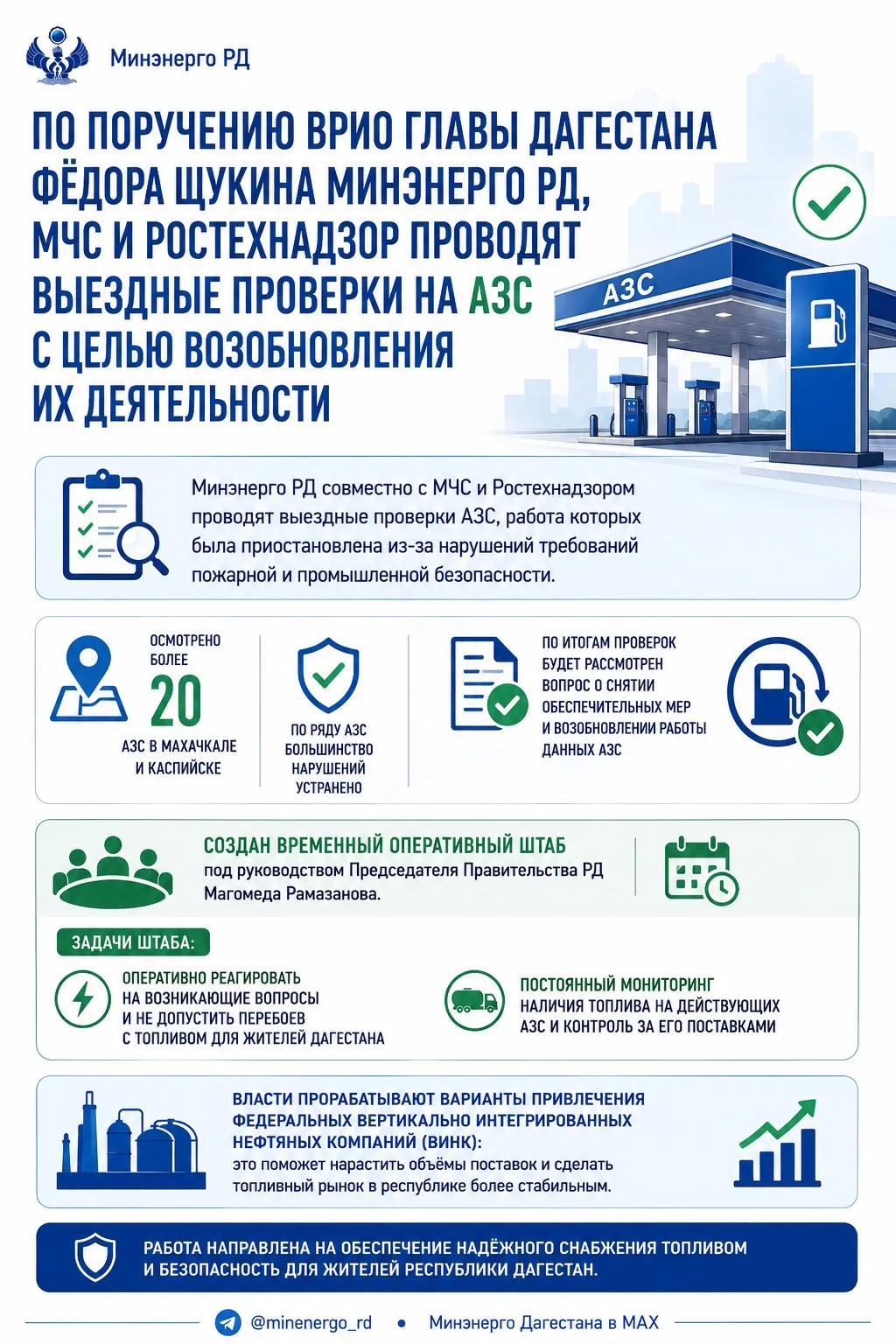 По поручению врио Главы РД Фёдора Щукина Минэнерго РД, МЧС и Ростехнадзор проводят выездные проверки на АЗС с целью возобновления их деятельности